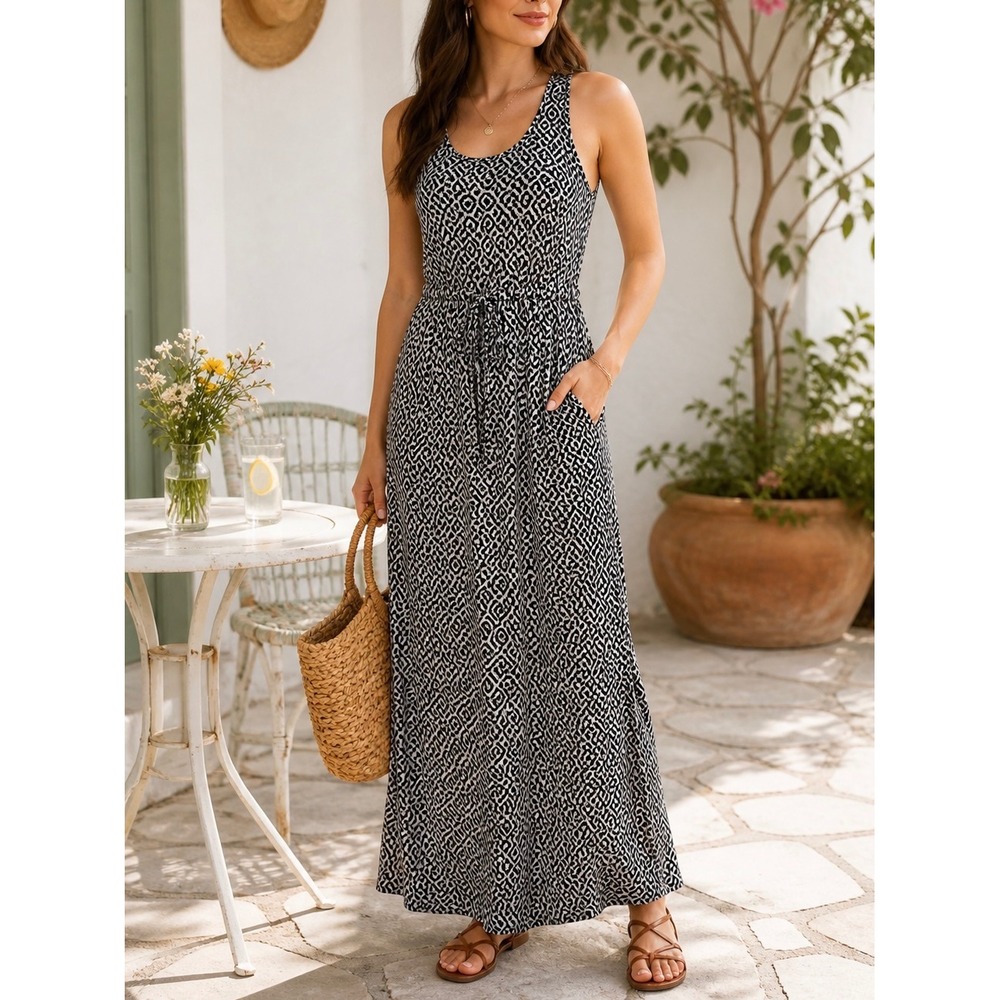 Banana Republic Womens Maxi Dress Black White Small Boho Summer Vacation Casual